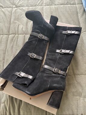 Franco Sarto Black Suede Knee-High Buckle Boots
